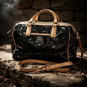 Coach Black and Tan Patent Leather Peyton Satchel